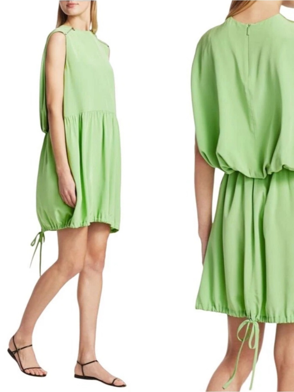 Tibi Eco Cape Shift Dress Sleeveless Crew Neck Back-Zip Drawstring Hem Silk Sz8